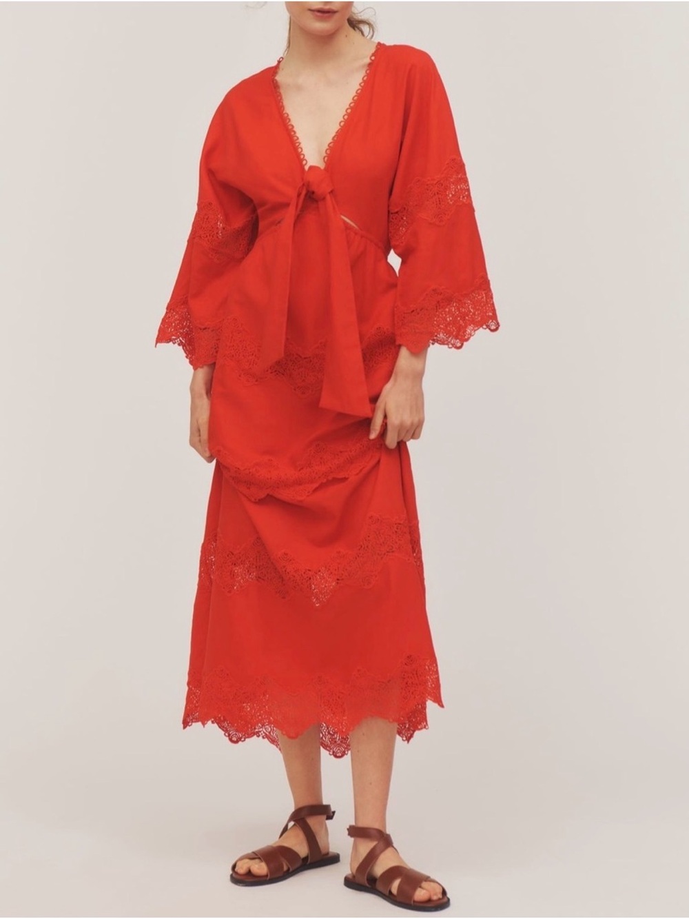 FARM RIO X ANTHROPOLOGIE V-NECK TIE-FRONT MIDI DRESS